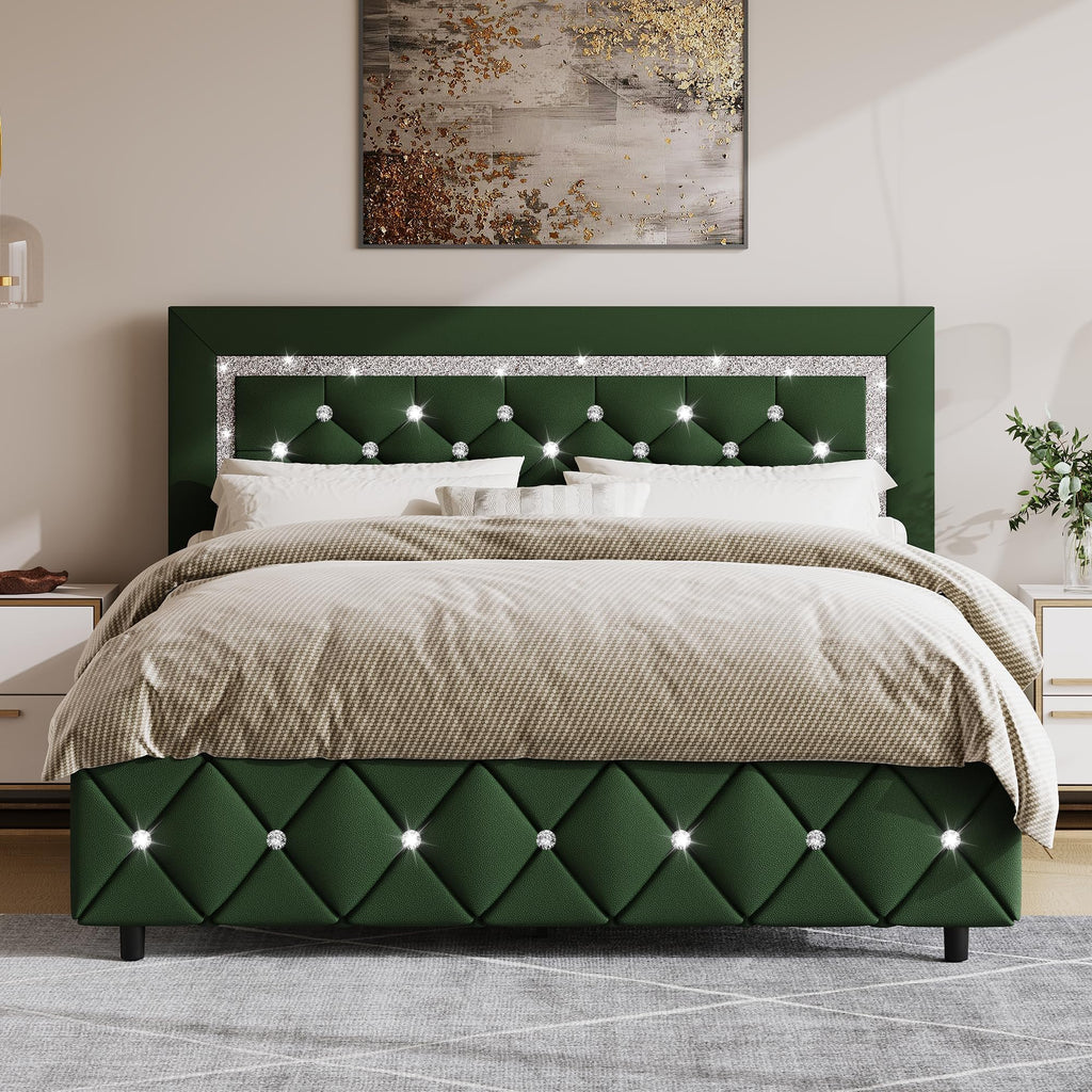 Green Faux Leather Upholstered Bed Frame with Headboard O7586