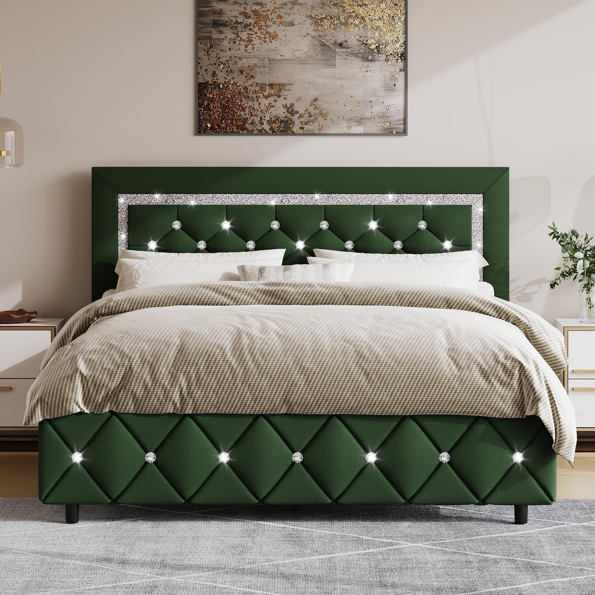 Green Faux Leather Upholstered Bed Frame with Headboard O7586